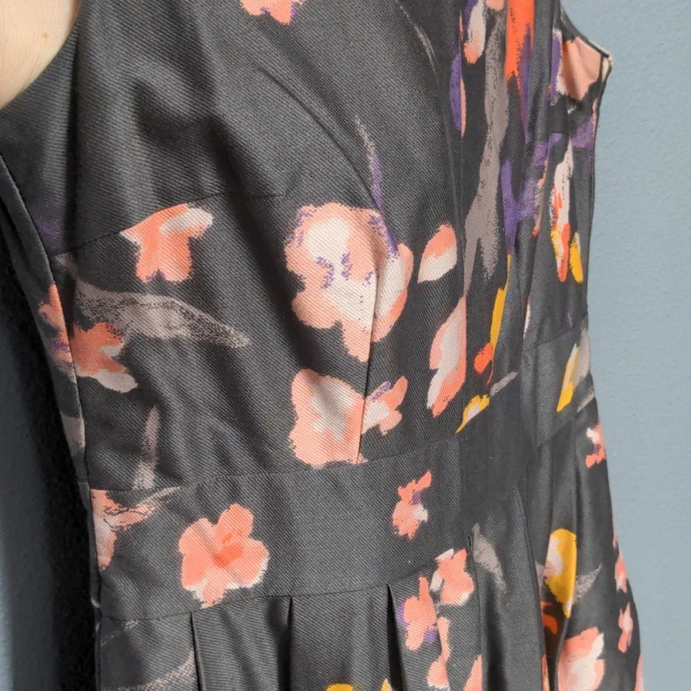 sz 6 Grey floral tea length dress sleeveless pockets fully lined hidden zipper - Picture 4 of 13